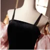Chic / Beautiful Black Velvet Prom Dresses 2024 Trumpet / Mermaid Spaghetti Straps Puffy Short Sleeve Backless Floor-Length / Long Prom Formal Dresses
