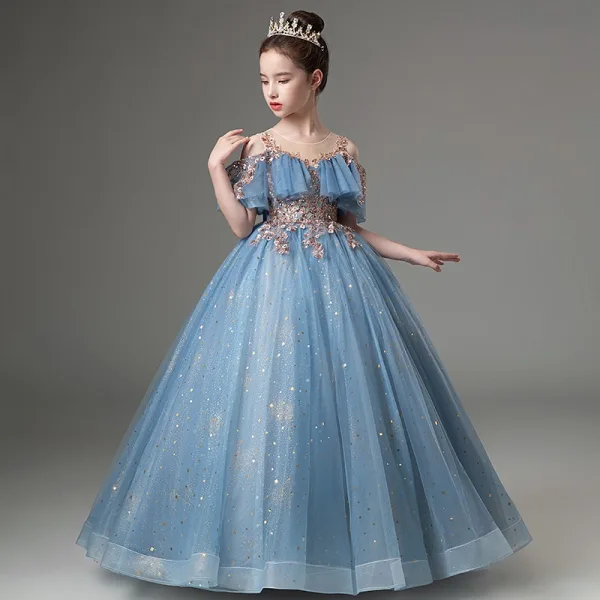 Chic / Beautiful Sky Blue Beading Sequins Birthday Flower Girl Dresses 2024 Ball Gown Scoop Neck Short Sleeve Floor-Length / Long