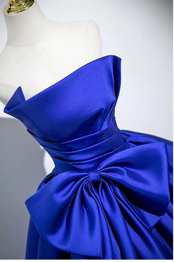 Elegant Royal Blue Satin Bow Prom Dresses 2025 Ball Gown Strapless Sleeveless Backless Floor-Length / Long Prom Formal Dresses