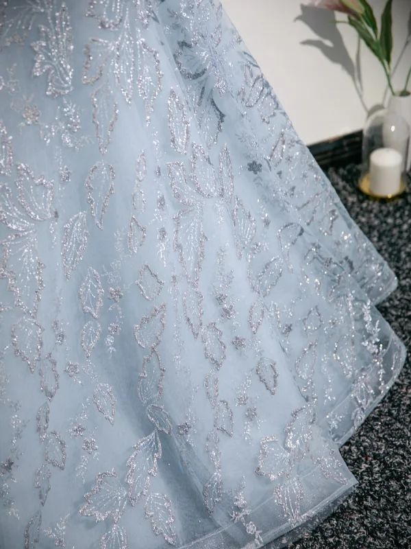 Charming Sky Blue Glitter Beading Prom Dresses 2025 Ball Gown Off-The-Shoulder Short Sleeve Backless Floor-Length / Long Formal Dresses