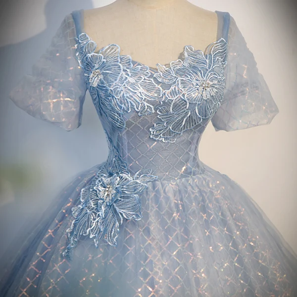 Elegant Sky Blue Beading Sequins Lace Flower Prom Dresses 2023 Ball Gown Square Neckline Bell sleeves Backless Floor-Length / Long Prom Formal Dresses