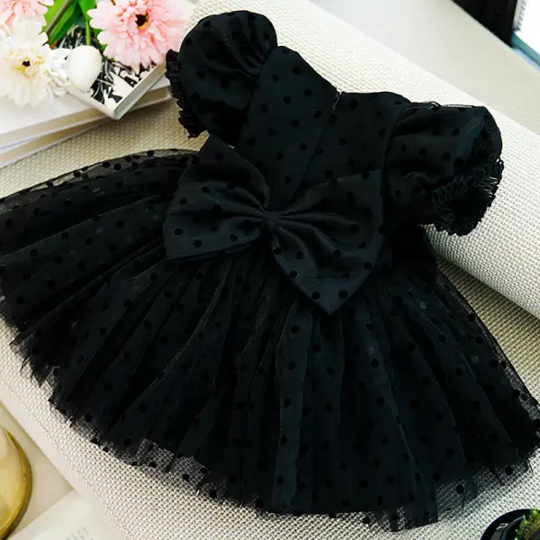 Chic / Beautiful Black Spotted Short Birthday Flower Girl Dresses 2022 Ball Gown Scoop Neck Puffy Short Sleeve Bow Flower Girl Dresses