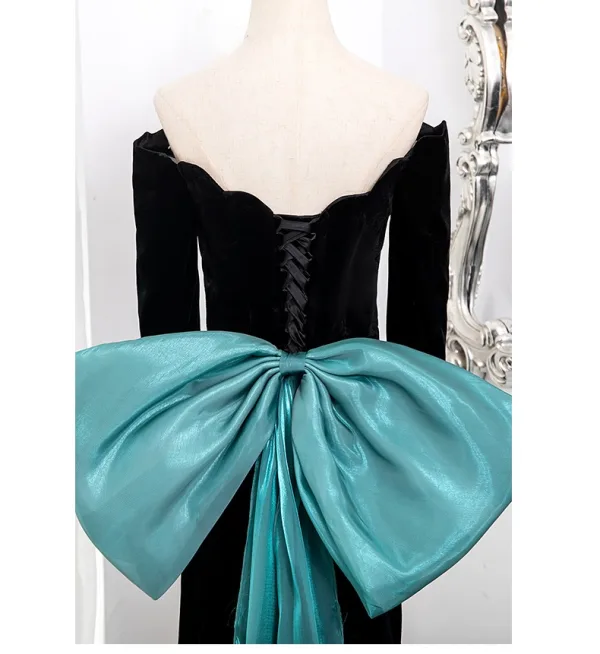 Élégant Noire Robe De Bal 2024 Trompette / Sirène De l'épaule 3/4 Manches Dos Nu Noeud Train De Balayage Promo Robe De Ceremonie