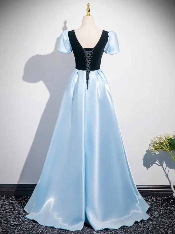 Élégant Bleu Ciel En Dentelle Fleur Robe De Bal 2025 Princesse Encolure Carrée Gonflée Manches Courtes Dos Nu Longue Robe De Ceremonie