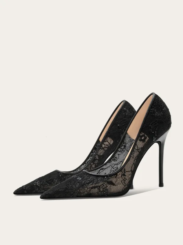 Charmant Schwarz Pailletten Spitze Blumen Abend Pumps 2025 10 cm Stilettos Spitzschuh Pumps Hochhackige