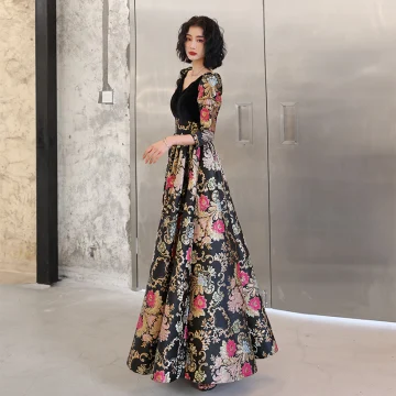 Vintage Retro Fancy Black Printing Prom Dresses 2023 A Line Princess V Neck 1 2 Sleeves Backless Prom Floor Length Long Formal Dresses