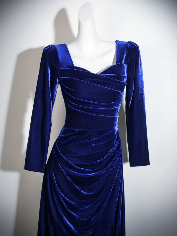 Vintage / Retro Royal Blue Velvet Prom Dresses 2026 Trumpet / Mermaid Square Neckline 3/4 Sleeve Backless Floor-Length / Long Formal Dresses