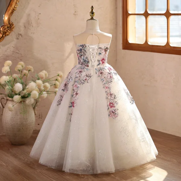 Vintage / Originale Bling Bling Blanche Paillettes En Dentelle Fleur Anniversaire Robe Ceremonie Fille 2026 Robe Boule Encolure Dégagée Sans Manches Dos Nu Longue Tulle