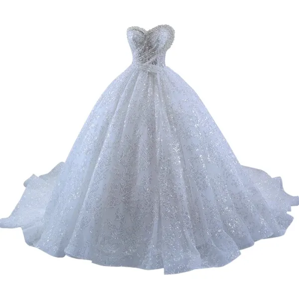 Luxe Blanche Fait main Perlage Perle Paillettes Robe De Mariée 2023 Robe Boule Bustier Sans Manches Dos Nu Chapel Train Mariage