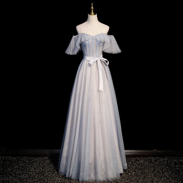 Chic / Belle Bleu Ciel Perlage Paillettes Robe De Bal 2022 Princesse Encolure Carrée Manches Courtes Dos Nu Noeud Ceinture Longue Promo Robe De Ceremonie