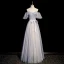 Chic / Belle Bleu Ciel Perlage Paillettes Robe De Bal 2022 Princesse Encolure Carrée Manches Courtes Dos Nu Noeud Ceinture Longue Promo Robe De Ceremonie