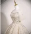 Chic / Beautiful Champagne Beading Sequins Prom Dresses 2025 Ball Gown Off-The-Shoulder Short Sleeve Backless Floor-Length / Long Prom Formal Dresses