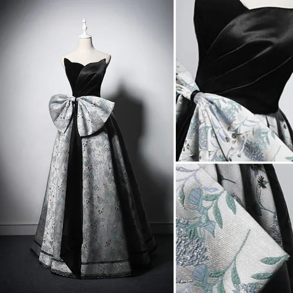 Vintage / Retro Black Evening Dresses 2022 A-Line / Princess Strapless Bow Sleeveless Backless Floor-Length / Long Evening Party Formal Dresses