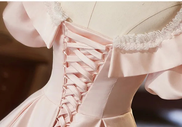 Śliczny Rumieniąc Różowy Satyna Sukienki Na Bal 2024 Suknia Balowa Wycięciem Bufiasta Kótkie Rękawy Bez Pleców Długie Bal Sukienki Wizytowe