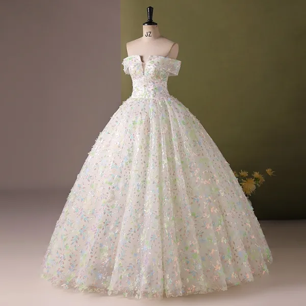 Flower Fairy Multi-Colors Appliques Sequins Ivory Prom Dresses 2024 Ball Gown Off-The-Shoulder Sleeveless Backless Floor-Length / Long Prom Formal Dresses