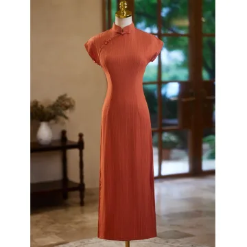 Style Chinois Orange Thé Longueur Cheongsam 2024 Trompette Sirène Col Haut Manches Courtes Promo