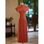 Chinese style Orange Tea-length Cheongsam 2024 Trumpet / Mermaid High Neck Short Sleeve Prom