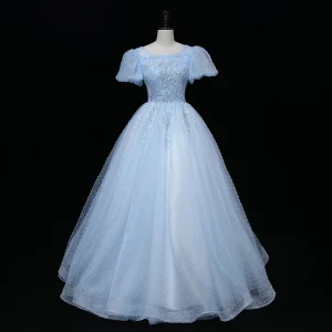 Chic Beautiful Sky Blue Beading Pearl Sequins Lace Flower Prom Dresses 2023 Ball Gown Scoop Neck Short Sleeve Backless Floor Length Long Prom Formal Dresses