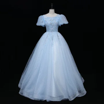Chic Beautiful Sky Blue Beading Pearl Sequins Lace Flower Prom Dresses 2023 Ball Gown Scoop Neck Short Sleeve Backless Floor Length Long Prom Formal Dresses