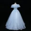Chic / Beautiful Sky Blue Beading Pearl Sequins Lace Flower Prom Dresses 2023 Ball Gown Scoop Neck Short Sleeve Backless Floor-Length / Long Prom Formal Dresses