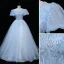 Chic / Beautiful Sky Blue Beading Pearl Sequins Lace Flower Prom Dresses 2023 Ball Gown Scoop Neck Short Sleeve Backless Floor-Length / Long Prom Formal Dresses