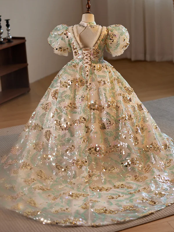 Bling Bling Champagne Beading Pearl Rhinestone Sequins Birthday Flower Girl Dresses 2024 Ball Gown High Neck Puffy Short Sleeve Floor-Length / Long