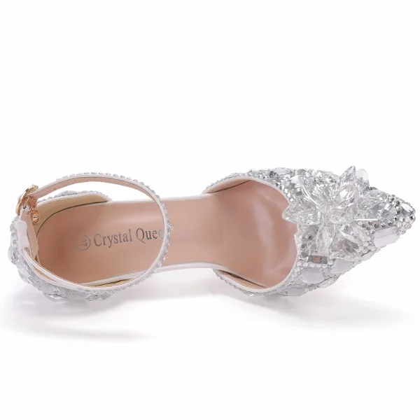 Glitzernden Silber Strass Brautschuhe 2023 Knöchelriemen 9 cm Stilettos Spitzschuh Hochzeit Sandaletten Hochhackige