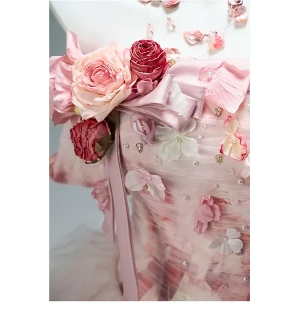 Luxury / Gorgeous Flower Fairy Blushing Pink Handmade  Pearl Rhinestone Appliques Cascading Ruffles Prom Dresses 2025 Ball Gown Strapless Sleeveless Backless Chapel Train