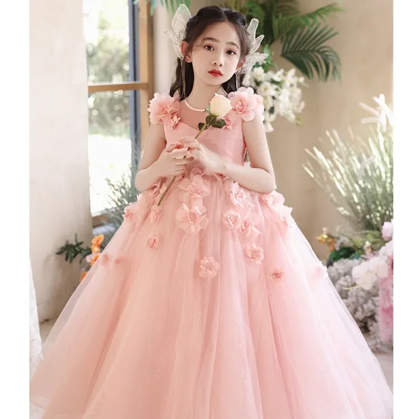 Chic / Beautiful Blushing Pink Appliques Birthday Flower Girl Dresses 2024 Ball Gown Square Neckline Sleeveless Floor-Length / Long
