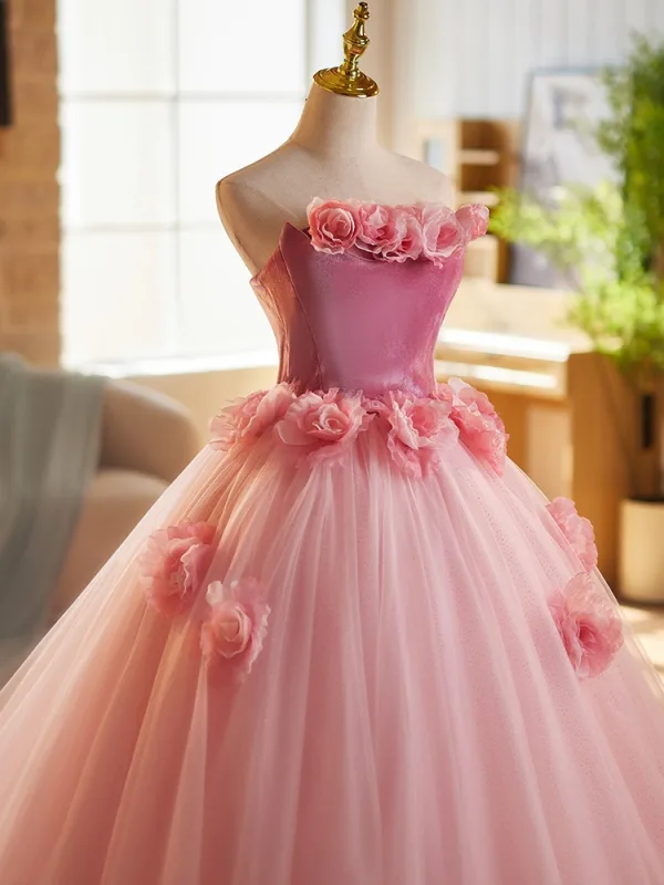 Chic / Beautiful Blushing Pink Appliques Prom Dresses 2025 Ball Gown Strapless Sleeveless Backless Floor-Length / Long Prom Formal Dresses