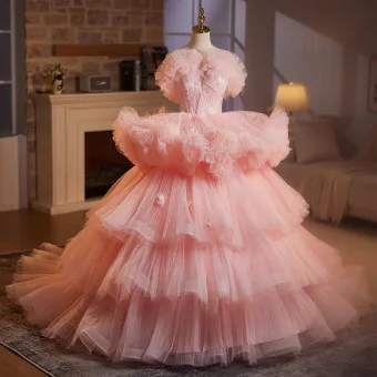 Encantador Perla Rosada Volantes En Cascada Rebordear Lentejuelas Ruffle Vestidos De Gala 2025 Ball Gown Sin Tirantes Sin Mangas Sin Espalda Colas De Barrido Tul Gala Vestidos Formales