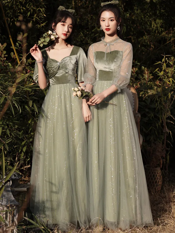 Chic / Beautiful Sage Green Velour Bridesmaid Dresses 2022 A-Line / Princess Sequins Suede Short Sleeve Backless Floor-Length / Long Bridesmaid Wedding Party Dresses