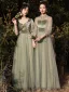 Chic / Beautiful Sage Green Velour Bridesmaid Dresses 2022 A-Line / Princess Sequins Suede Short Sleeve Backless Floor-Length / Long Bridesmaid Wedding Party Dresses