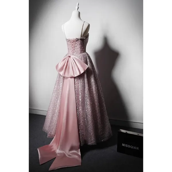 Glitzernden Rosa Perlenstickerei Pailletten Ballkleider 2023 A Linie Spaghettiträger Ärmellos Rückenfreies Lange Ball Festliche Kleider