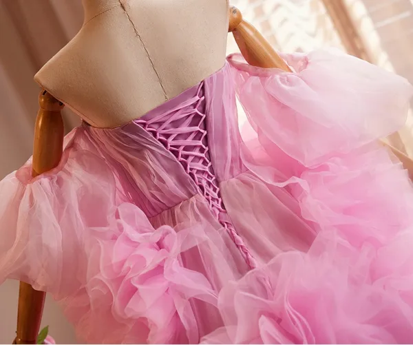 Charming Candy Pink Pleated Prom Dresses 2024 Ball Gown Off-The-Shoulder Puffy Short Sleeve Sweep Train Prom Formal Dresses
