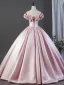 Charmant Rougissant Rose Satin Robe De Bal 2026 Robe Boule Volants De l'épaule Manches Courtes Dos Nu