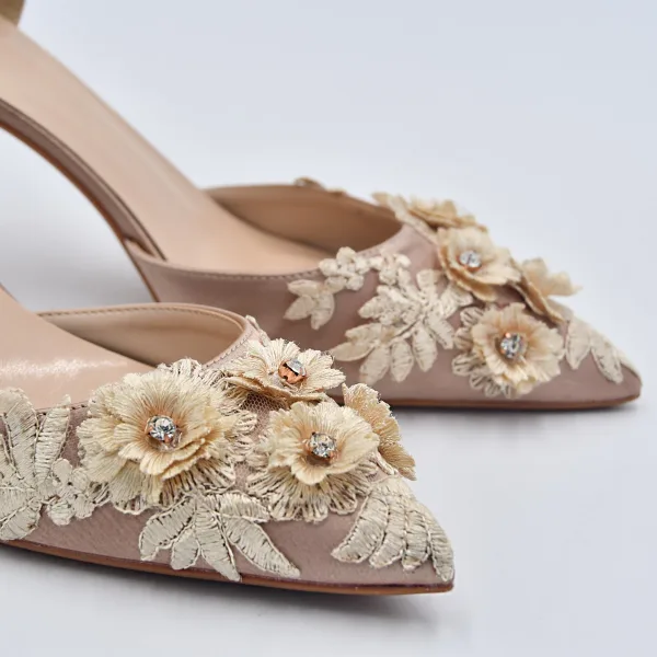 Chic / Belle Champagne Satin Demoiselle D'honneur Chaussures Femmes 2022 Faux Diamant En Dentelle Fleur 8 cm Talons Aiguilles À Bout Pointu Chaussures Femmes Talons Hauts