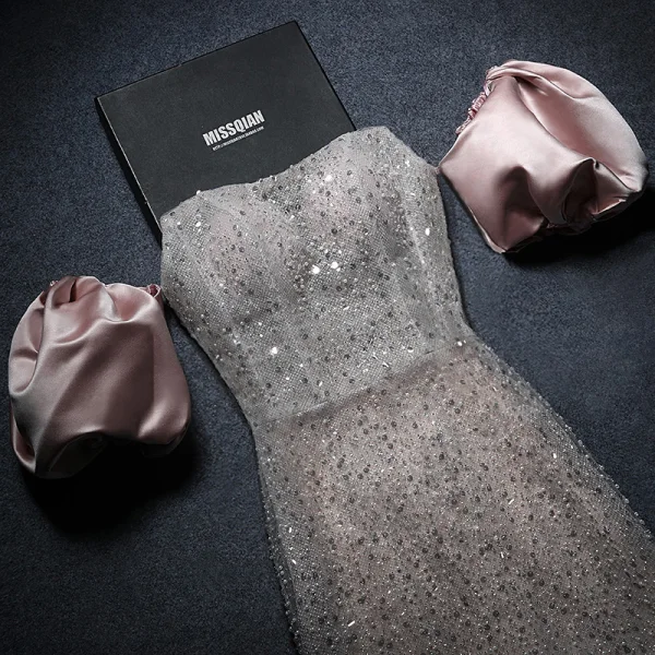 Charmant Rougissant Rose Perlage Perle Paillettes Robe De Soirée 2022 Trompette / Sirène Encolure Carrée Gonflée Manches Courtes Dos Nu Noeud Longue Soirée Robe De Ceremonie