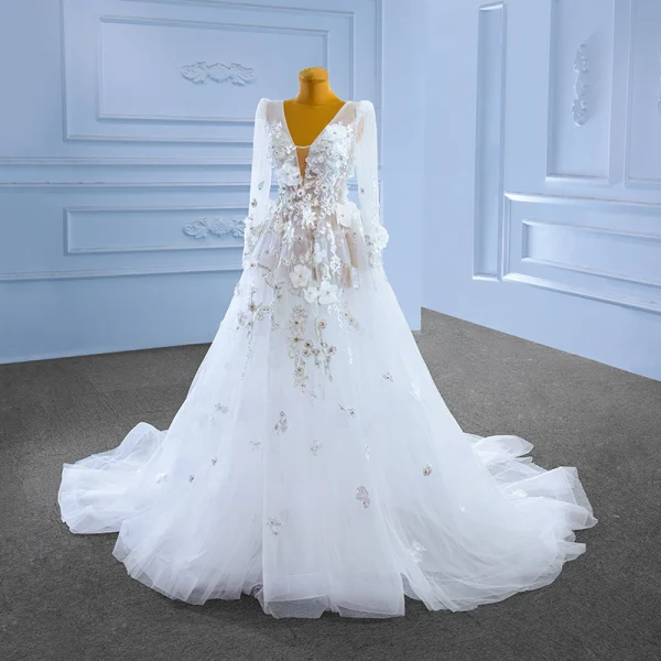 Luxury / Gorgeous White Rhinestone Lace Flower Appliques 2023 A-Line / Princess V-Neck Long Sleeve Wedding Dresses Court Train Wedding