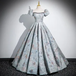Vintage Originale Bleu Ciel Impression Robe De Bal 2024 Robe Boule Encolure Carrée Gonflée Manches Courtes Dos Nu Longue Promo Robe De Ceremonie