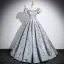 Vintage / Retro Sky Blue Printing Prom Dresses 2024 Ball Gown Square Neckline Puffy Short Sleeve Backless Floor-Length / Long Prom Formal Dresses
