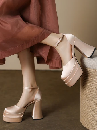Fashion Beige Leather Prom Womens Sandals 2023 Ankle Strap 12 Cm Thick Heels Square Toe Sandals
