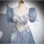 Chic / Beautiful Sky Blue Glitter Appliques Prom Dresses 2024 A-Line / Princess Square Neckline Puffy Short Sleeve Backless Floor-Length / Long Formal Dresses