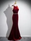 Charming Burgundy Rhinestone Velvet Evening Dresses 2024 Trumpet / Mermaid Halter Sleeveless Backless Bow Floor-Length / Long Evening Party Formal Dresses
