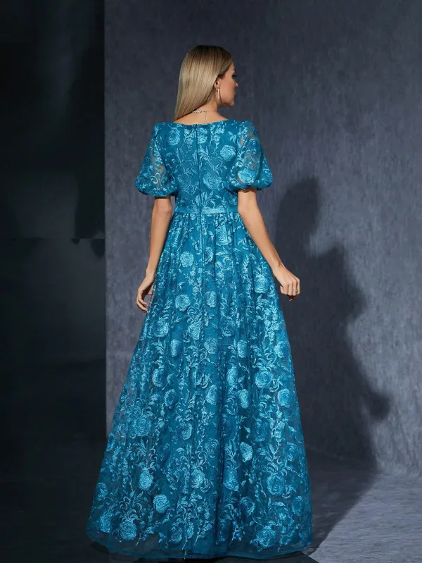 Vintage / Retro Pool Blue Lace Flower Split Front Prom Dresses 2025 A-Line / Princess Square Neckline Short Sleeve Floor-Length / Long Prom Formal Dresses