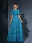 Vintage / Retro Pool Blue Lace Flower Split Front Prom Dresses 2025 A-Line / Princess Square Neckline Short Sleeve Floor-Length / Long Prom Formal Dresses