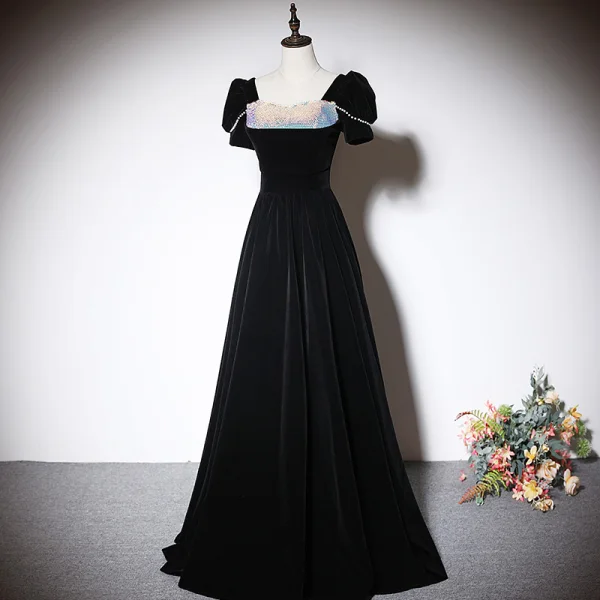 Chic / Beautiful Black Suede Evening Dresses 2023 A-Line / Princess Velour Square Neckline Sequins Short Sleeve Backless Floor-Length / Long Evening Party Formal Dresses
