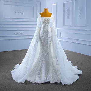 Haut De Gamme Blanche Fait Main Perlage Paillettes Perle Robe De Mariée 2022 Trompette Sirène Encolure Carrée Manches Longues Dos Nu Tribunal Train Mariage