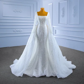 Haut De Gamme Blanche Fait Main Perlage Paillettes Perle Robe De Mariée 2022 Trompette Sirène Encolure Carrée Manches Longues Dos Nu Tribunal Train Mariage