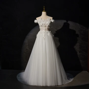 Chic Beautiful White Pearl Rhinestone Lace Flower Wedding Dresses 2024 A Line Princess Off The Shoulder Short Sleeve Backless Sweep Train Wedding